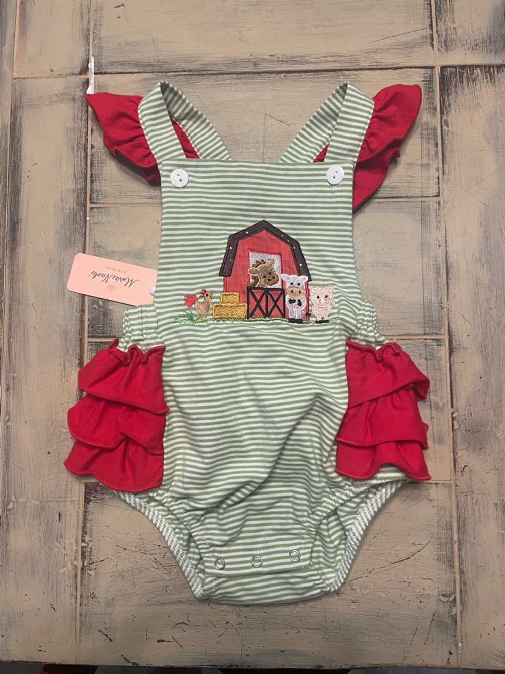 Green Striped Baby Barn Appliqué One-Piece with Red Ruffles